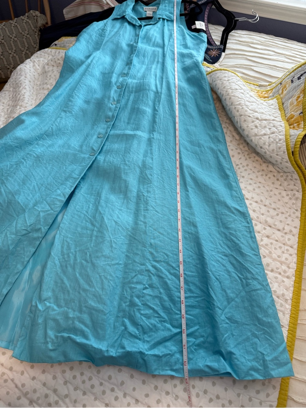 Merona Sleeveless Button-Front 100% Linen Maxi Dress in Aqua Blue - Picture 15 of 15